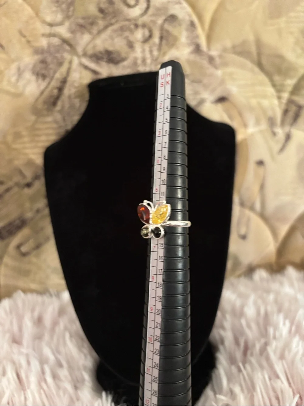 925 Sterling Silver Vintage Multi-Amber Butterfly Ring - Size 6
